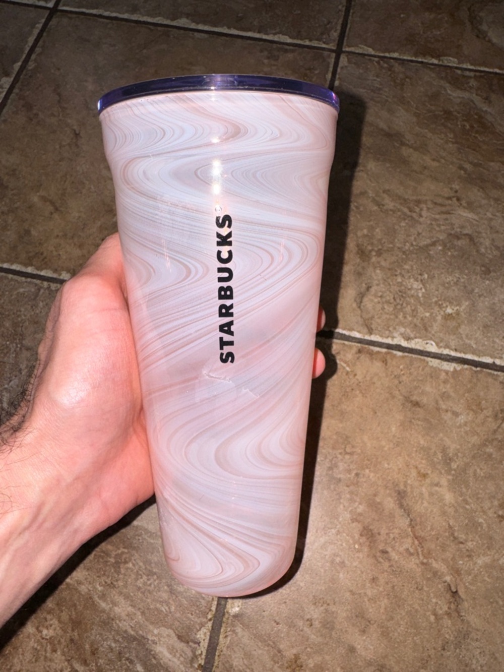 2017 Rare Starbucks Glass Tumbler Coral Pink Marble Cup Swirl Venti 20oz w/lid